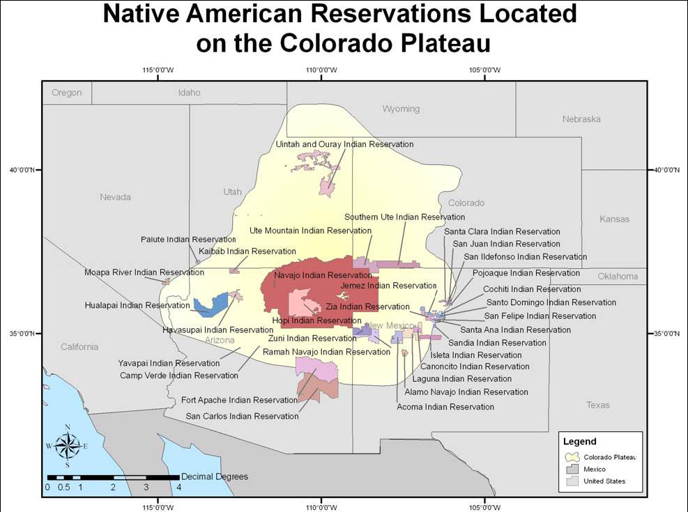 Map of Native American Reservations located on the Colorado Plateau