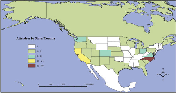 Map showing attendance by EPA and partners to metadata training. 