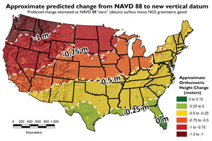 Map showing approximate predicted change from NAVD 88 to new vertical datum